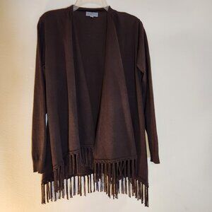 Joseph A Brown Rayon Blend Fringe Hem Open Front Draped Waterfall Cardigan Med